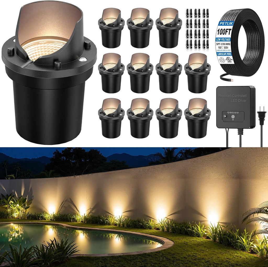 All-in-One Low Voltage Landscape Lighting 12W LED Well Lights IP67 Outdoor In-Ground Lights Waterproof with 144W Transformer, 2700K Warm White Pathway Lighting for Yard Garden, 12 Pack