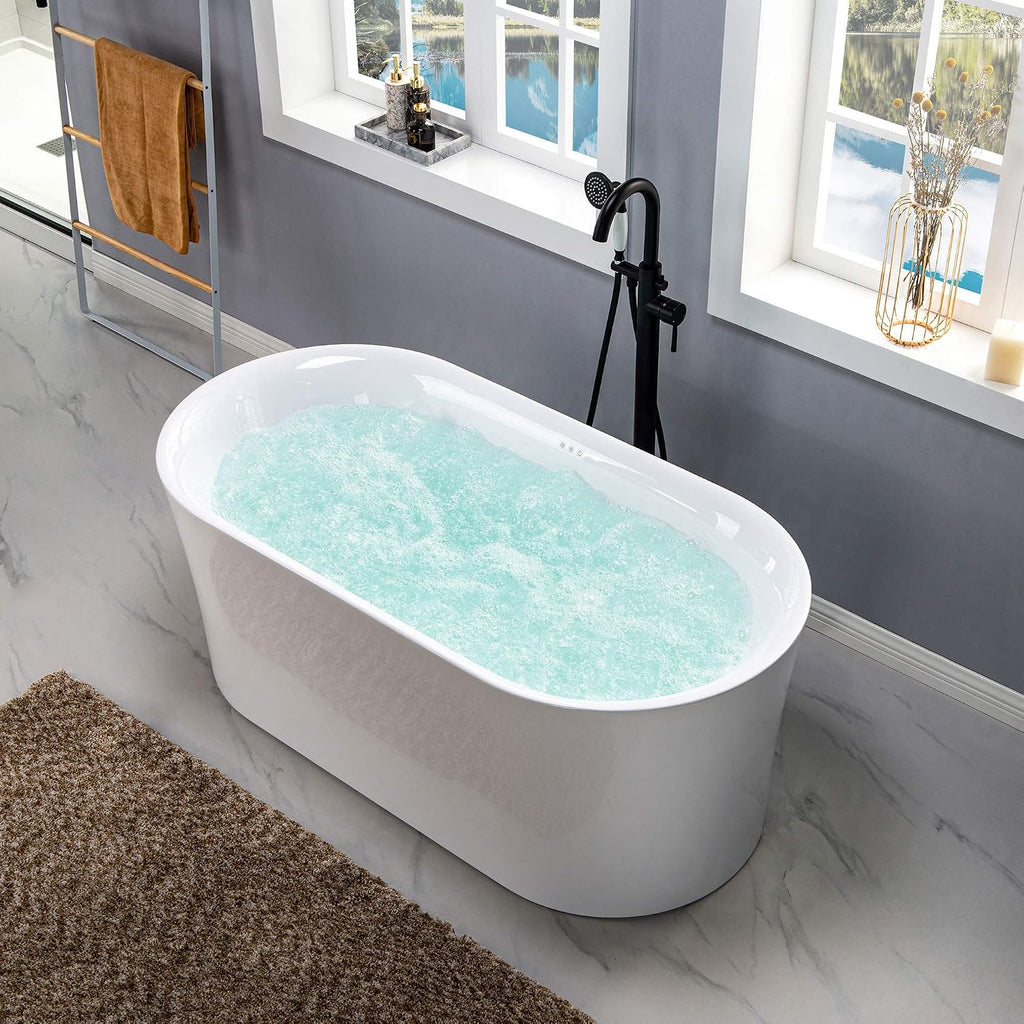 WOODBRIDGE 67' Acrylic Freestanding Bathtub Contemporary Soaking White Tub with Brushed Gold Overflow and Drain，B0101 -BG-Drain &O