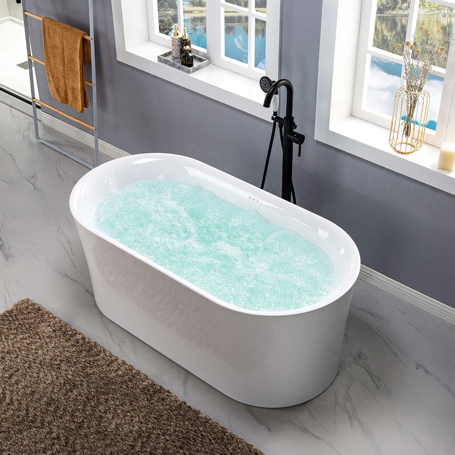WOODBRIDGE 67' Acrylic Freestanding Bathtub Contemporary Soaking White Tub with Brushed Gold Overflow and Drain，B0101 -BG-Drain &O