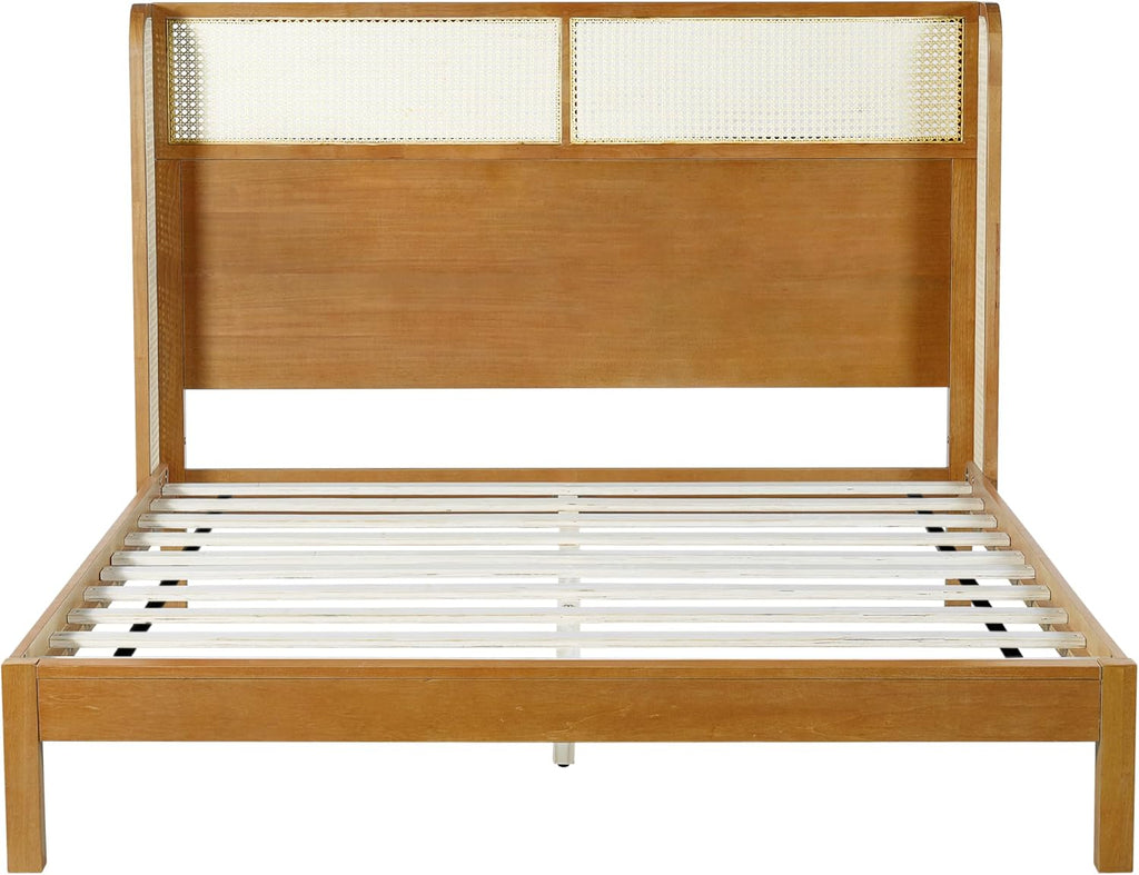 Merax Queen Size Premium Rubber Wood Platform Bed Frame, with Headboard, Mid Century Modern, Natural