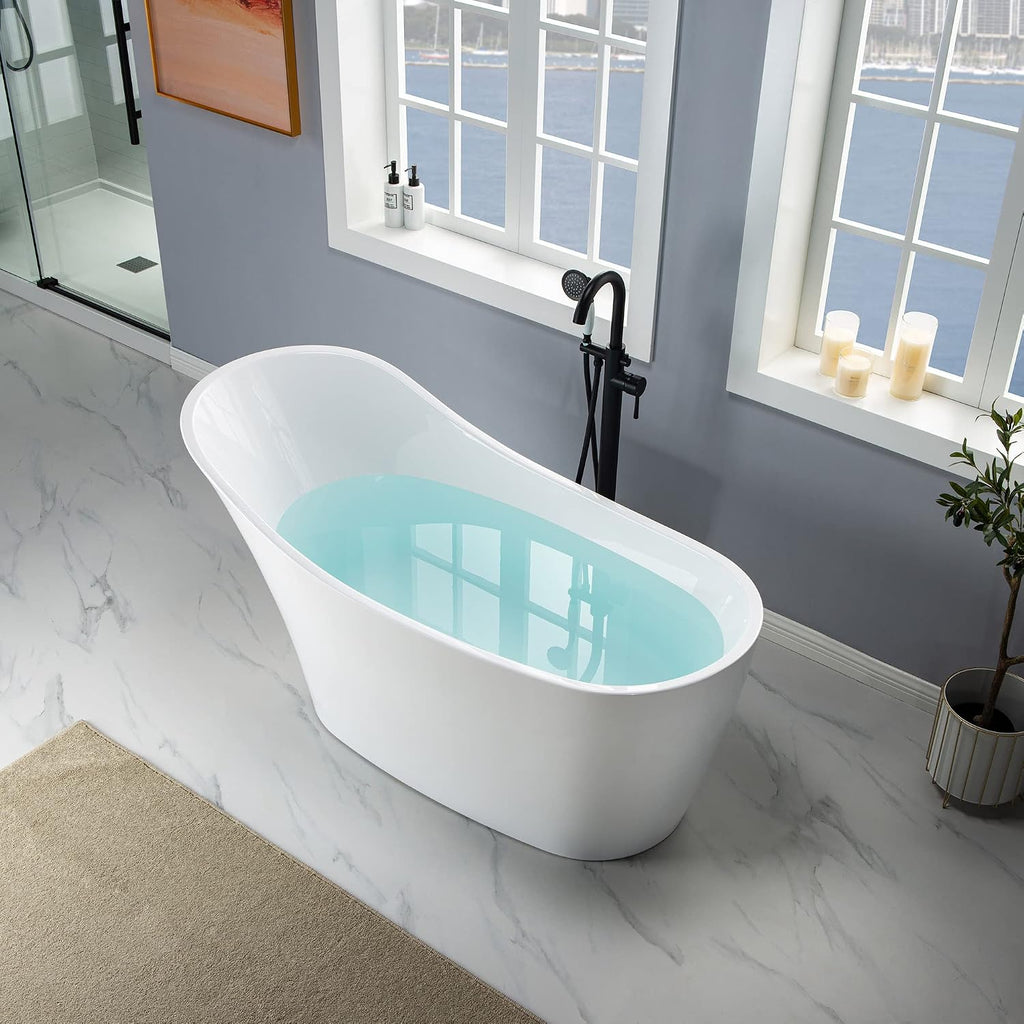 WOODBRIDGE 59' Acrylic Freestanding Bathtub Contemporary Soaking White Tub with Matte Black Overflow and Drain，B0029-MB-Drain&O