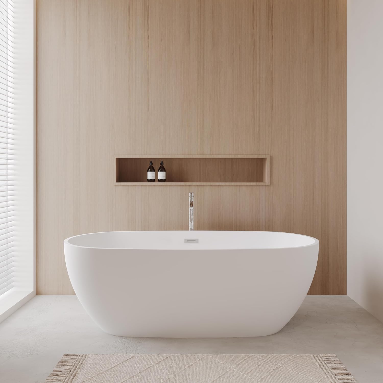 'Juno 71 Inch Freestanding Bathtub in Matte White with Floor Mounted Faucet, Drain and Overflow Trim in Polished Chrome'
