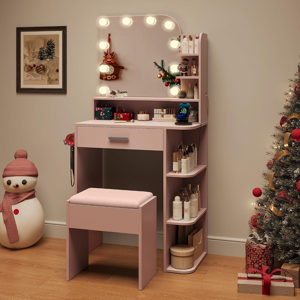 wanan Makeup Vanity with Chair, Small Vanity Desk with Mirror and Lights 3 Colors, Girls Vanity Set with Power Outlet, Compact Vanity Table for Small Space, Pink
