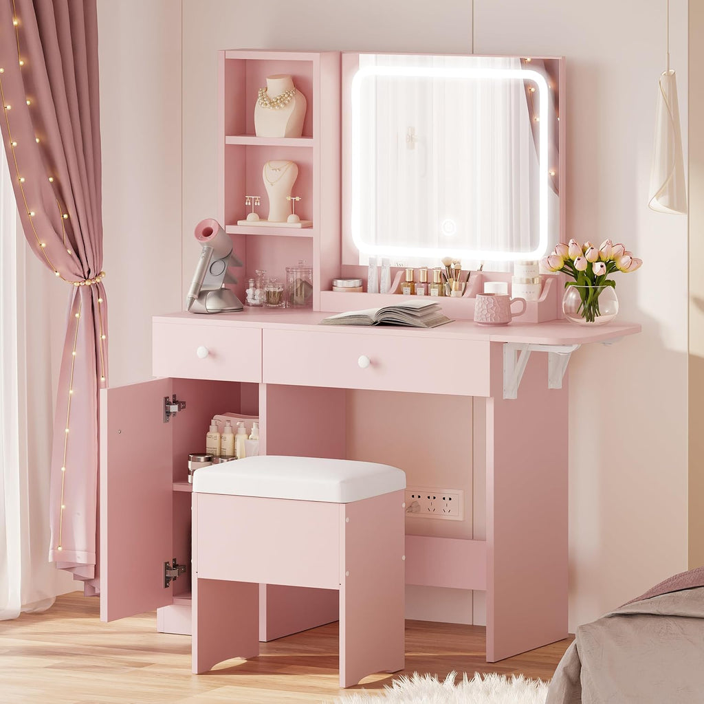IRONCK Vanity Desk with LED Lighted Mirror & Power Outlet, Makeup Table with Drawers & Cabinet,Storage Stool,for Bedroom, Pink