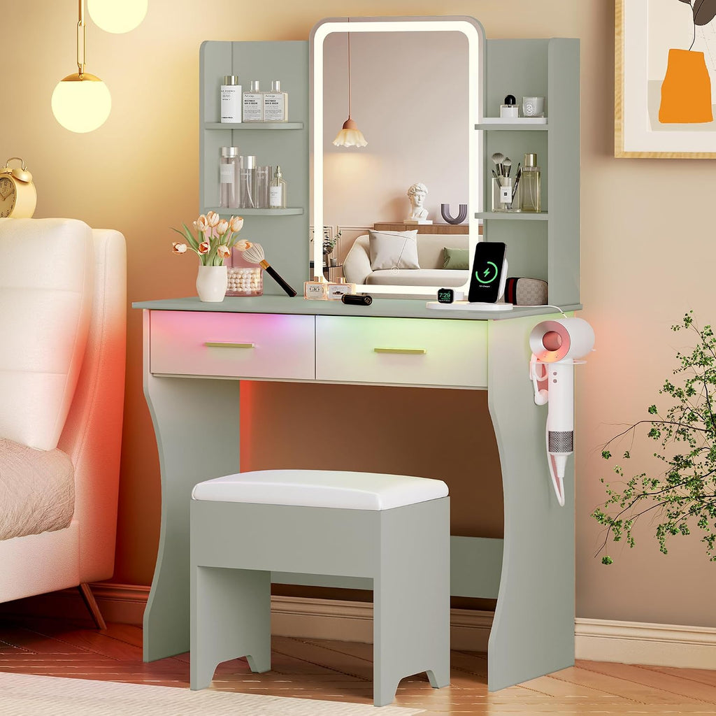 Vanity Desk with LED Lights Mirror & Power Outlet, Small Makeup Vanity Table Set with Storage Drawers & Chair, 3 Lighting Modes & Adjustable Brightness, Dressing Table for Women Girls Bedroom, Green