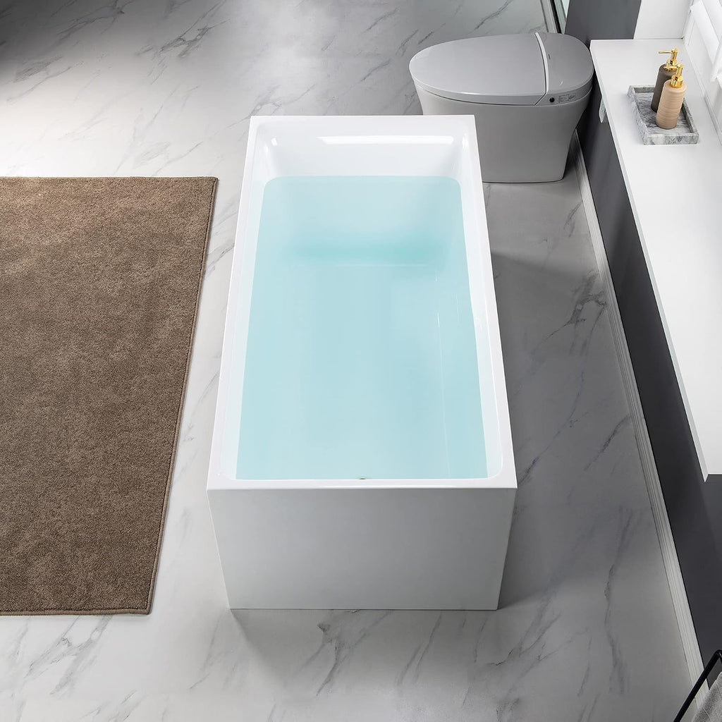 WOODBRIDGE 59' Acrylic Freestanding Bathtub Contemporary Soaking White Tub with Oil Rubbed Bronze Overflow and Drain，BTA0081-ORB-Drain&O