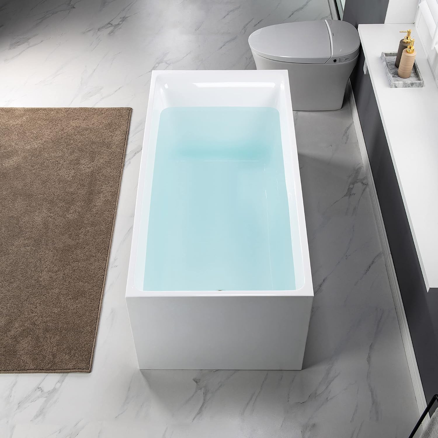 WOODBRIDGE 59' Acrylic Freestanding Bathtub Contemporary Soaking White Tub with Brushed Gold Overflow and Drain，BTA0081-BG-Drain&O