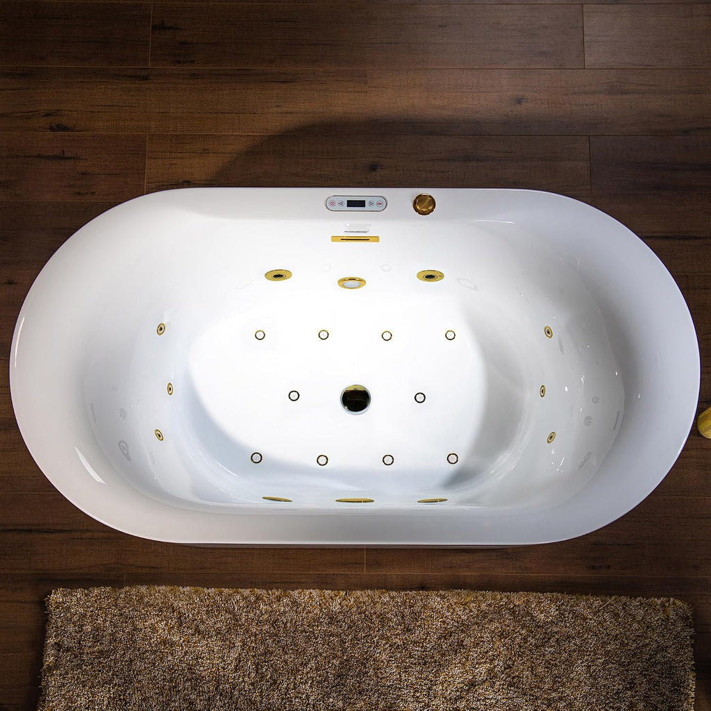 WOODBRIDGE 59' x 31-1/2' Whirlpool and Air Bath Heated Soaking Combination Tub with Adjustable Speed Air Blower and Display Control Panel, Brushed Gold Finish Trim and Drain Kit,BG100