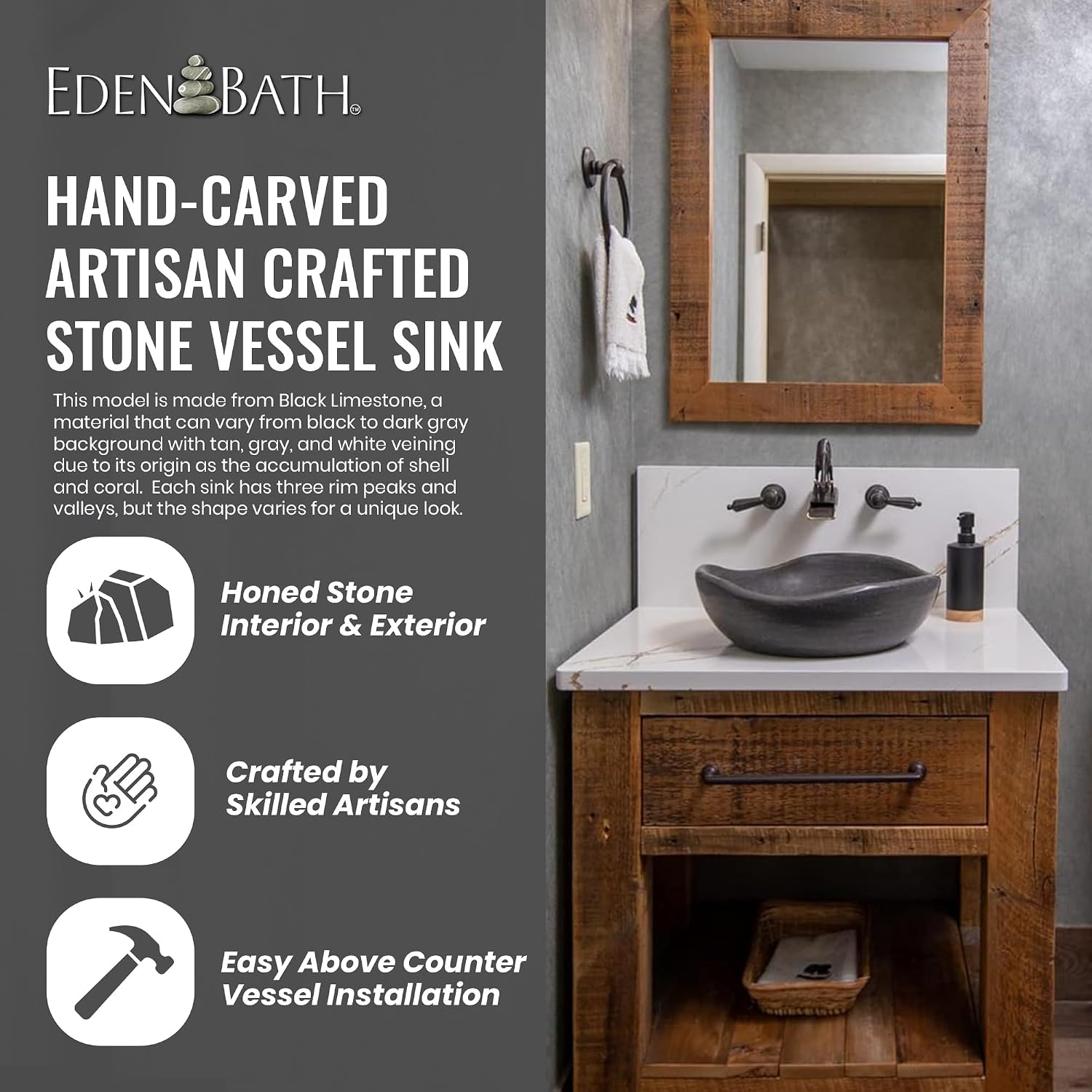 Eden Bath Round Freeform Vessel Sink, Honed Black Limestone - Stylish Bathroom Sink