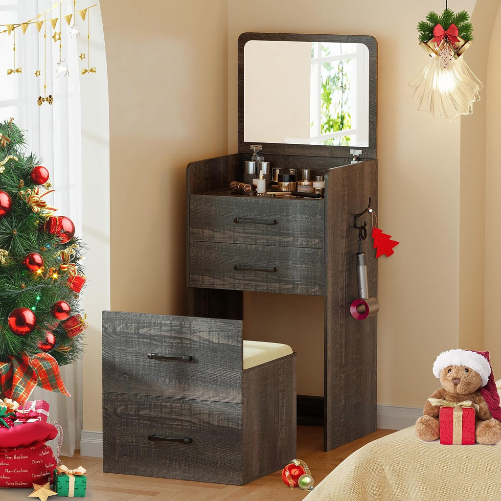 Gurexl 3 in 1 Vanity Desk with Flip Top Mirror,Small Make Up Vanity Set with Visible Glass Desktop,Compact Makeup Vanity with 3 Drawers,Cushioned Stool,Dressing Table for Bedroom,Dark Oak