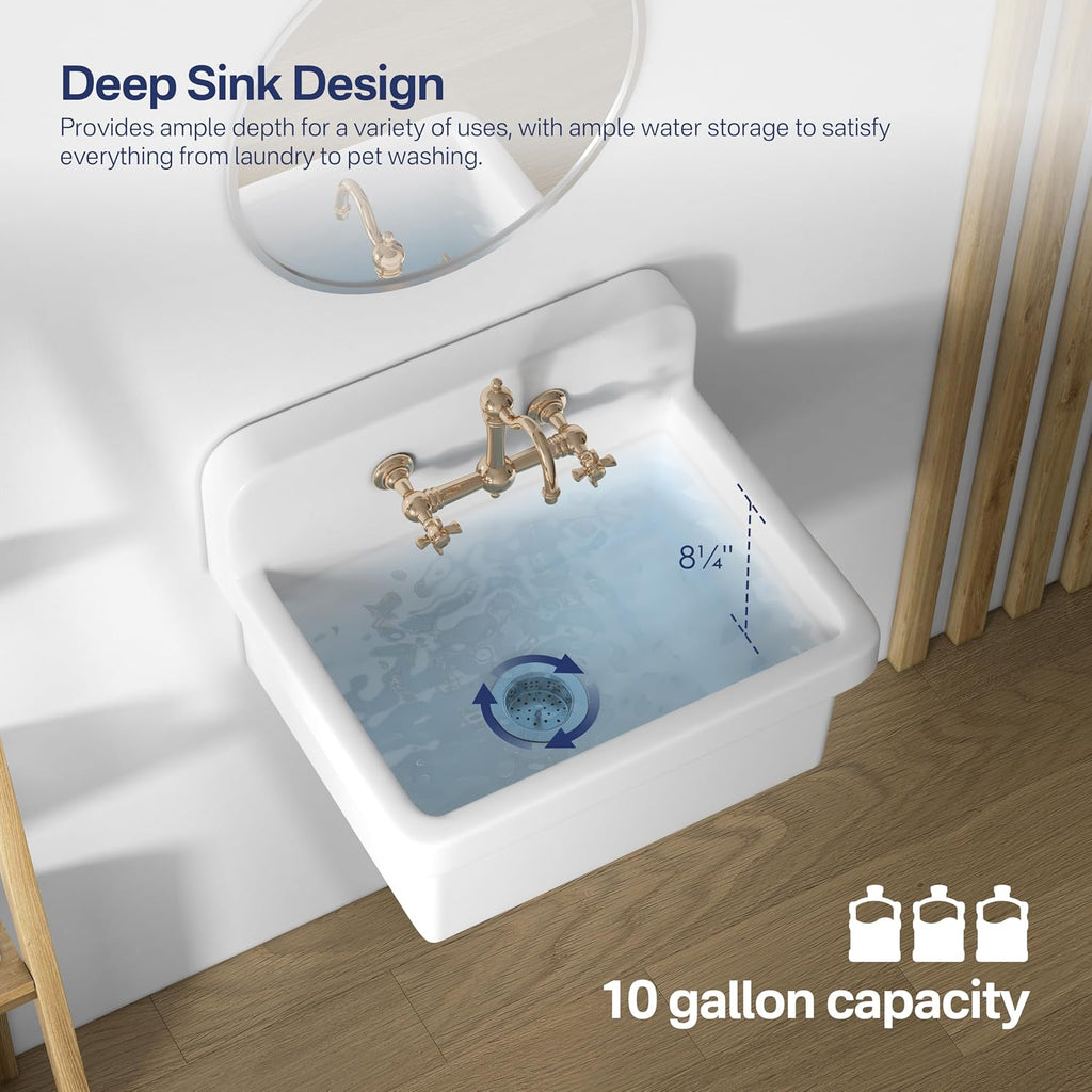 Eridanus 24 Inch Utility Sink, Farmhouse Kitchen Sink Wall Mounted Laundry Sink Floating Porcelain Ceramic Trough High Back for Garage, Workshop, Washing Room, Bathroom, 24' x 19' x 16.5'