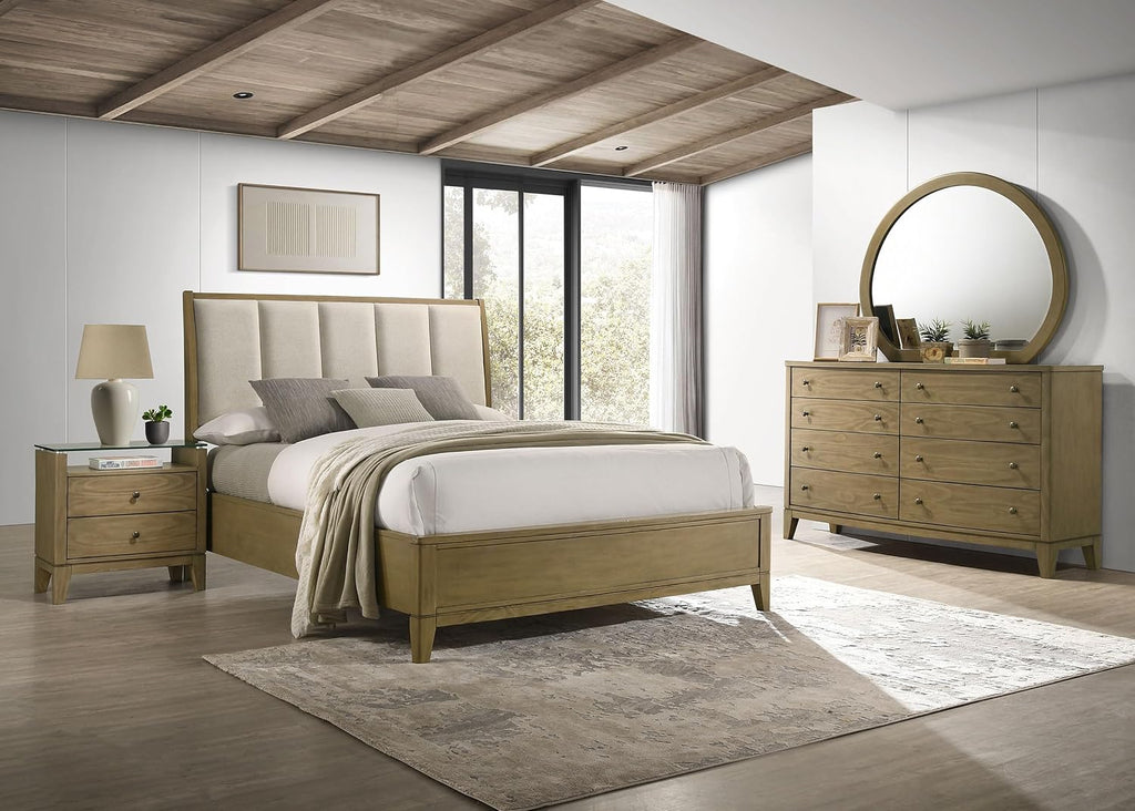 Coaster Home Furnishings Granada Transitional 4-Piece Bedroom Set Fabric Upholstered Queen Size Panel Bed Frame 53-inch Headboard Natural Pine 224921Q-S4
