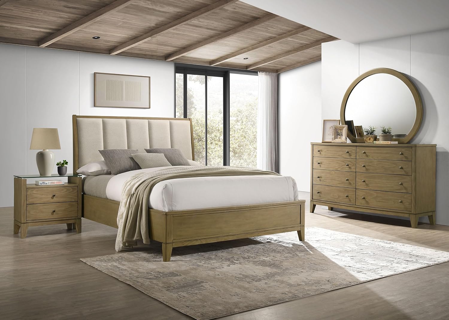 Coaster Home Furnishings Granada Transitional 4-Piece Bedroom Set Fabric Upholstered Queen Size Panel Bed Frame 53-inch Headboard Natural Pine 224921Q-S4