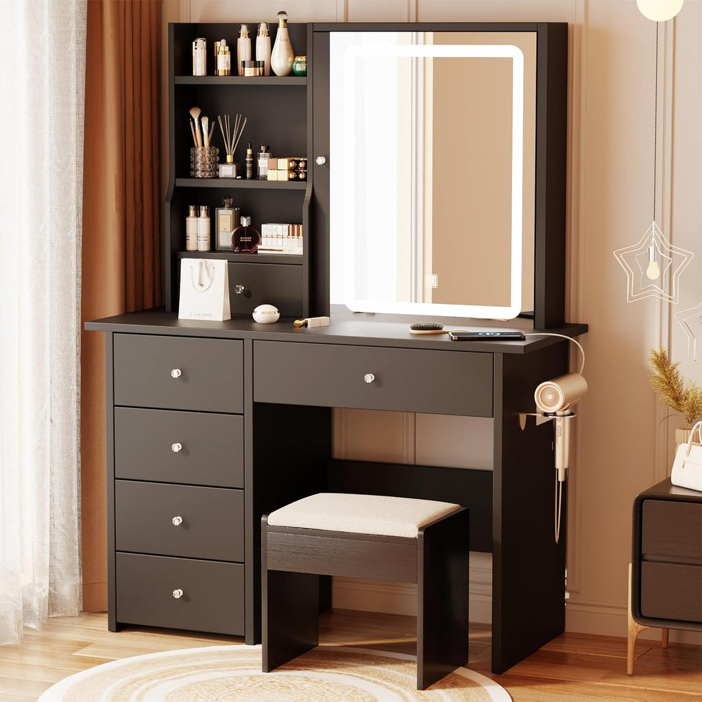 Vanity Desk with Mirror and LED Lights, Makeup Vanity Set with Power Outlet, and Stool,Jewelry Storage,Black Vanity Desk for Bedroom