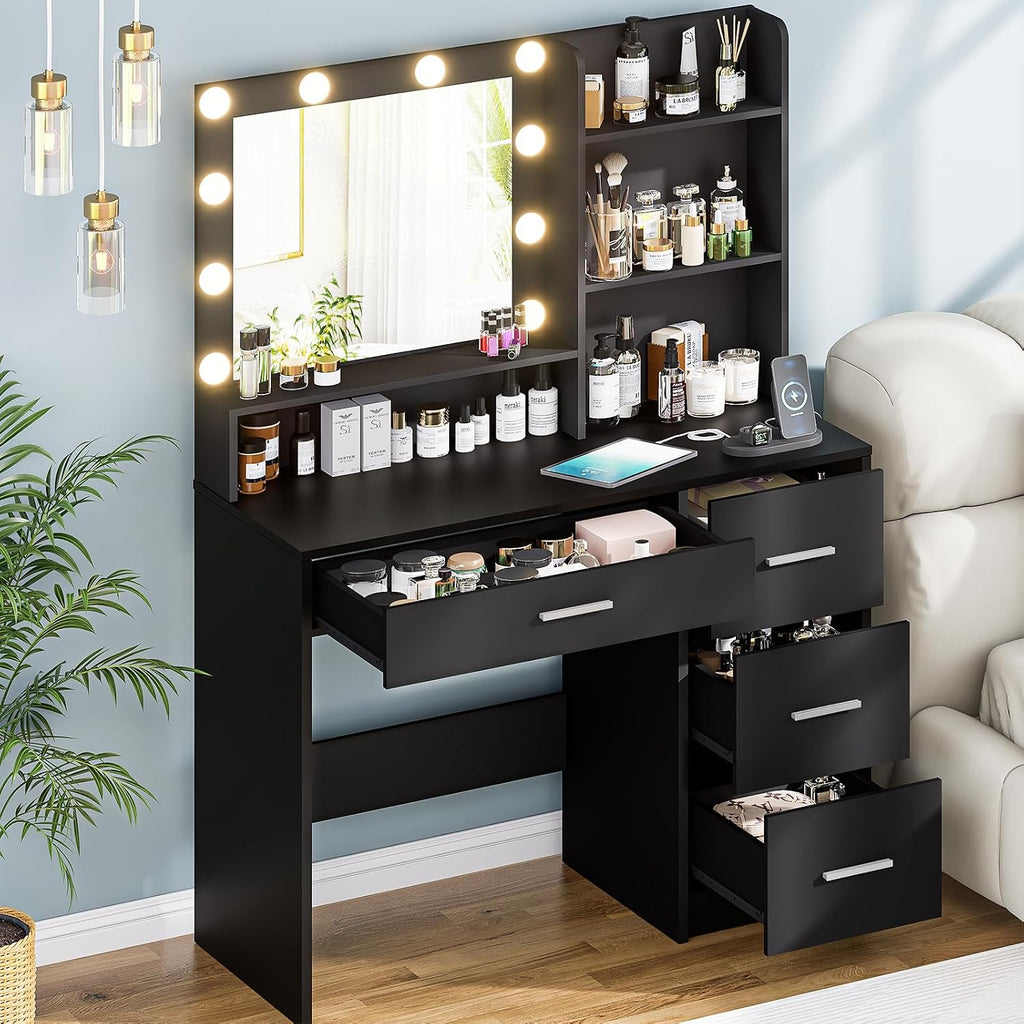 DINGIPP Vanity Desk with Lighted Mirror and Charging Station, Makeup Vanity with 4 Drawers & Storage Shelves,Makeup Desk 3 Color Lights Modes Available, Bedroom Dressing Table for Women, Girls