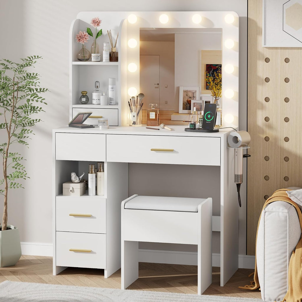 Otterease Vanity Desk with LED Lighted Mirror&Power Outlet, 3 Lighting Colors Makeup Vanity Desk with 5 Large Drawers and 3 Storage Shelves, White Vanity with Storage Stool for Bedroom