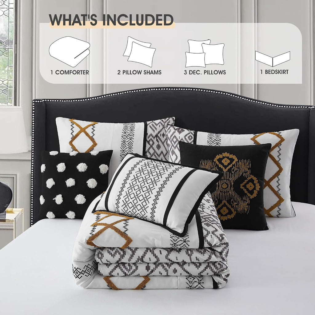 LANCO MODERN LIFESTYLE Black Gold King Comforter Set, 7 Pieces All Season Bedding Sets in a Bag with Geometric Terry Embroidered Comforter, Bed Skirt, Pillow Shams and Decorative Pillows
