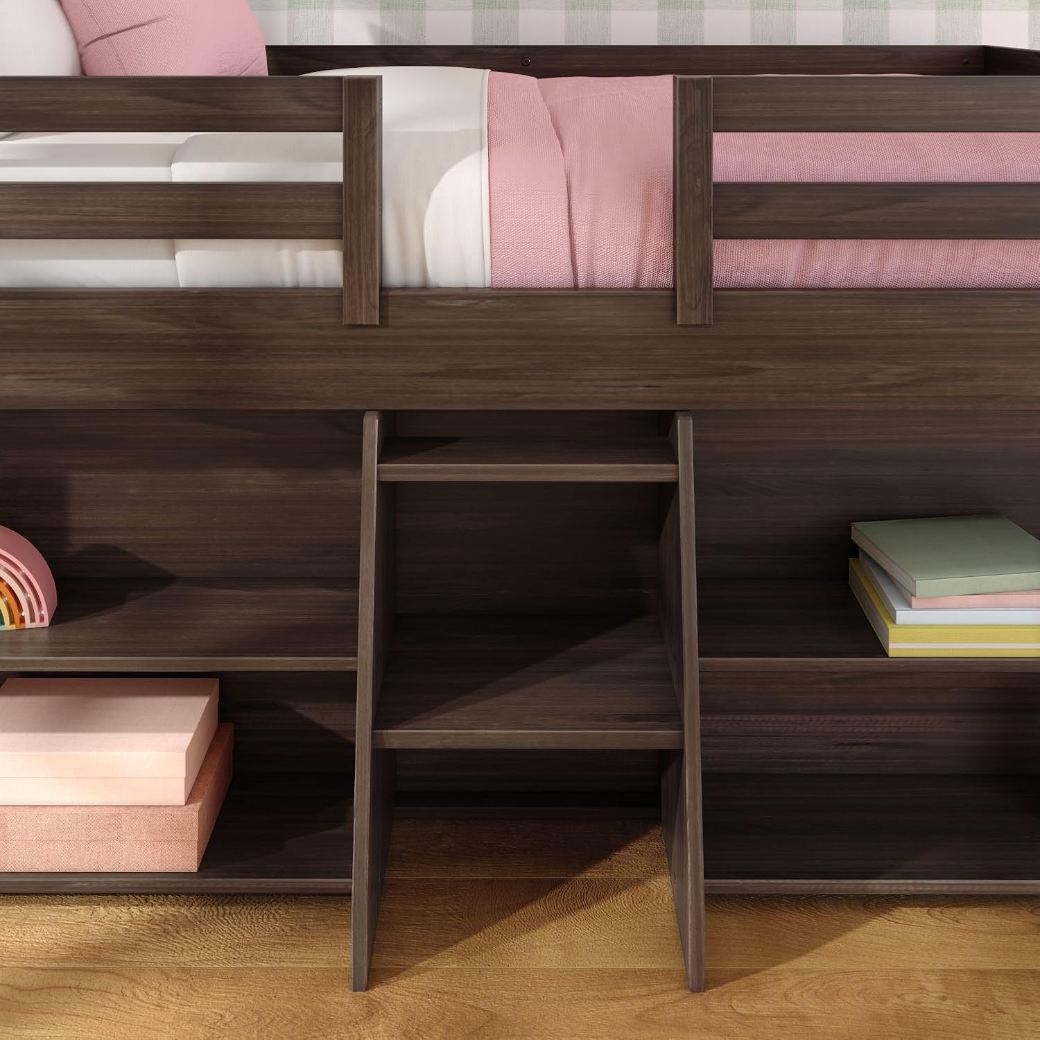 Max & Lily Modern Farmhouse Low Loft Bed, Twin Bed Frame for Kids with 2 Bookcases, Barnwood Brown