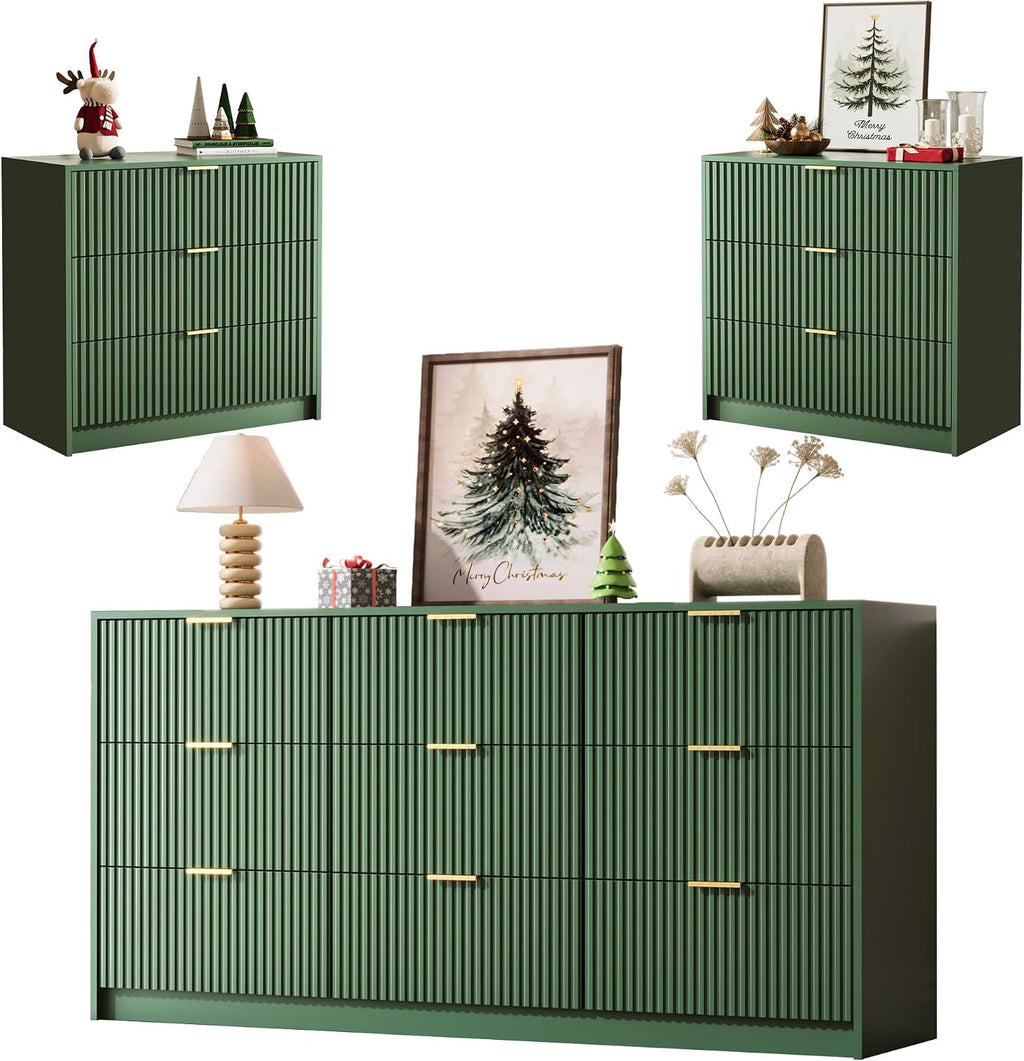 MAISONARIA 3-Piece Dresser Bedroom Set, 9 Drawer Dresser & 3 Drawer Nightstands with Gold Handles, Fluted Wood Chest of Drawers for Bedroom, Living Room, Entryway, Green