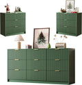 MAISONARIA 3-Piece Dresser Bedroom Set, 9 Drawer Dresser & 3 Drawer Nightstands with Gold Handles, Fluted Wood Chest of Drawers for Bedroom, Living Room, Entryway, Green
