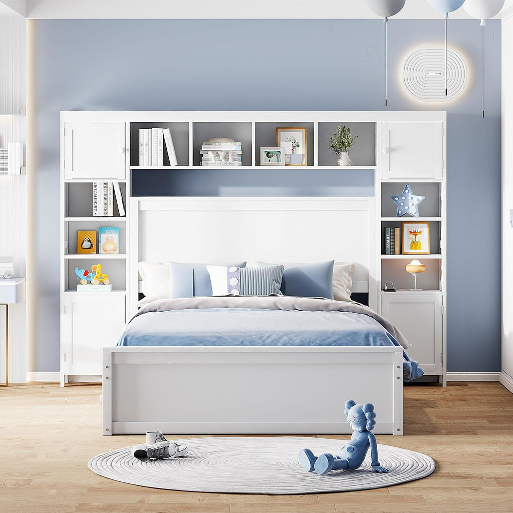 Polibi Full Size Bed Frame with Bookcase Headboard,2 Storage Drawers and Trundle,Wooden Platform Bed Full Size with All-in-One Cabinet, Shelf and Sockets,White