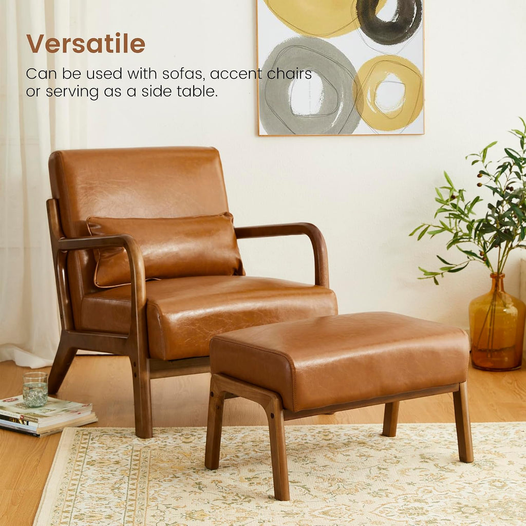 Glitzhome 15.5'(H) Footrest Stool Set of 2, Leatherette Ottoman, Accent Padded Sofa Foot Stool for Accent Chair, Wood Frame Foot Rest Ottoman for Living Room, Bedroom, Yellowish-Brown