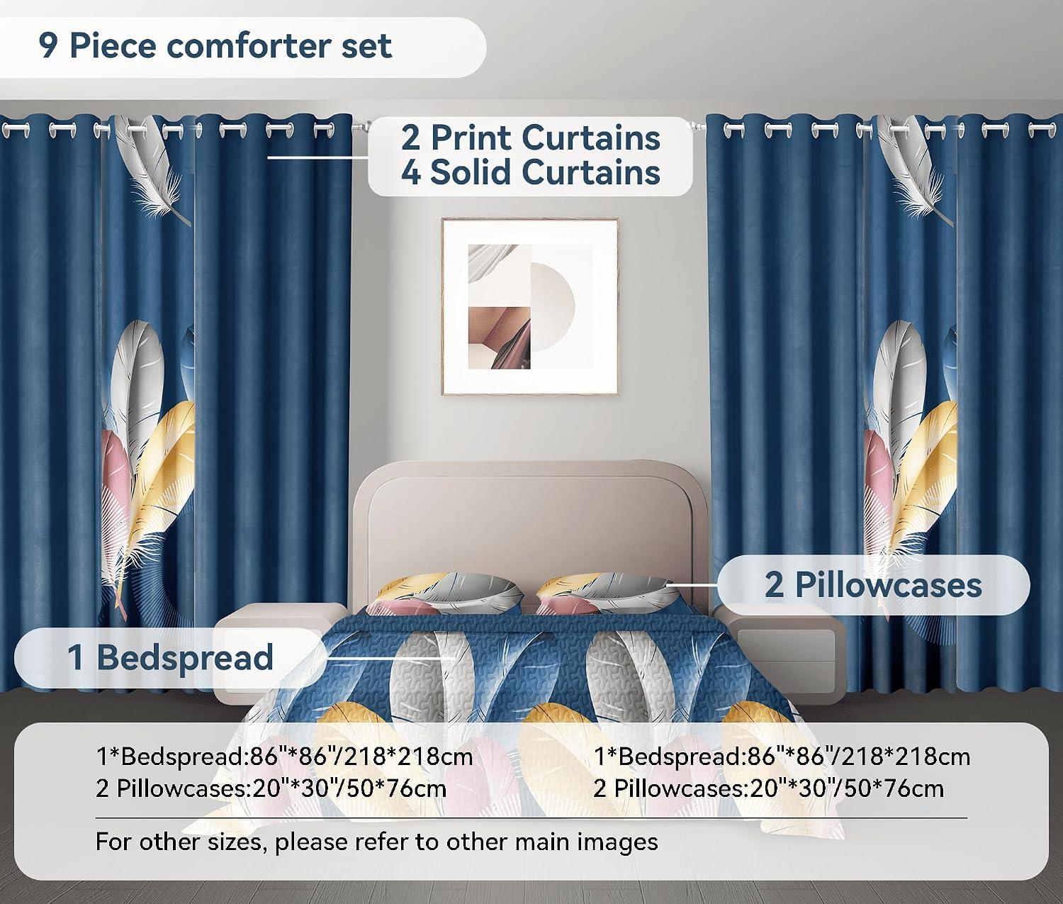 Luxury 9-Piece Blue Feather Queen Light Comforter Set, Bohemian Bed in a Bag Queen Bedspread with Matching Curtains Ultra Soft & Breathable All-Season Decor for Master Suite, Chic Home & Wedding Decor