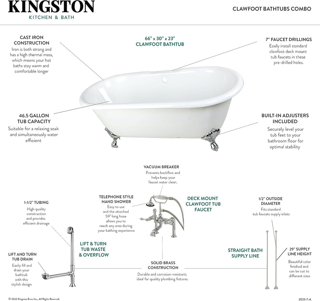 Kingston Brass KCT7D663013C1 Aqua Eden Tub with Faucet Drain and Lines Combo 66' (L) x 30' (W) x 19-1/8' (H) Polished Chrome
