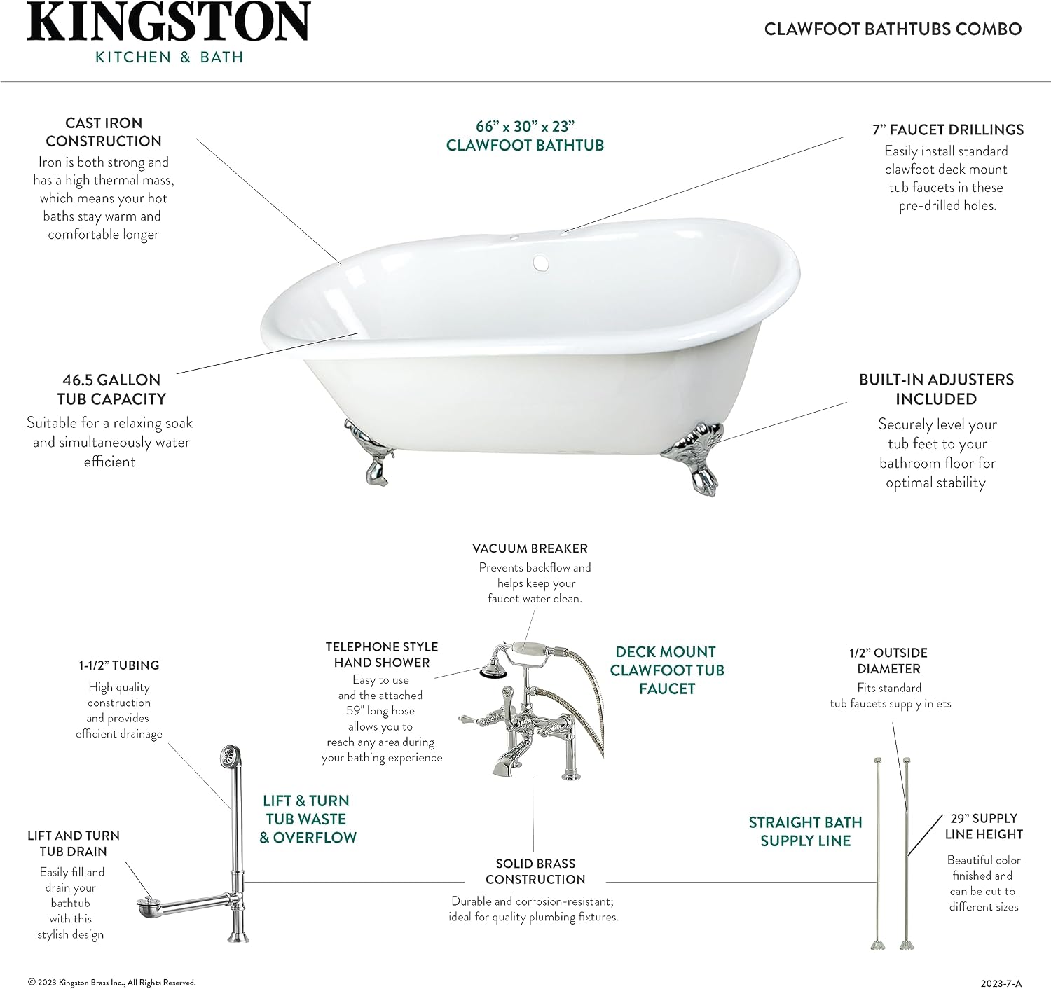 Kingston Brass KCT7D663013C1 Aqua Eden Tub with Faucet Drain and Lines Combo 66' (L) x 30' (W) x 19-1/8' (H) Polished Chrome