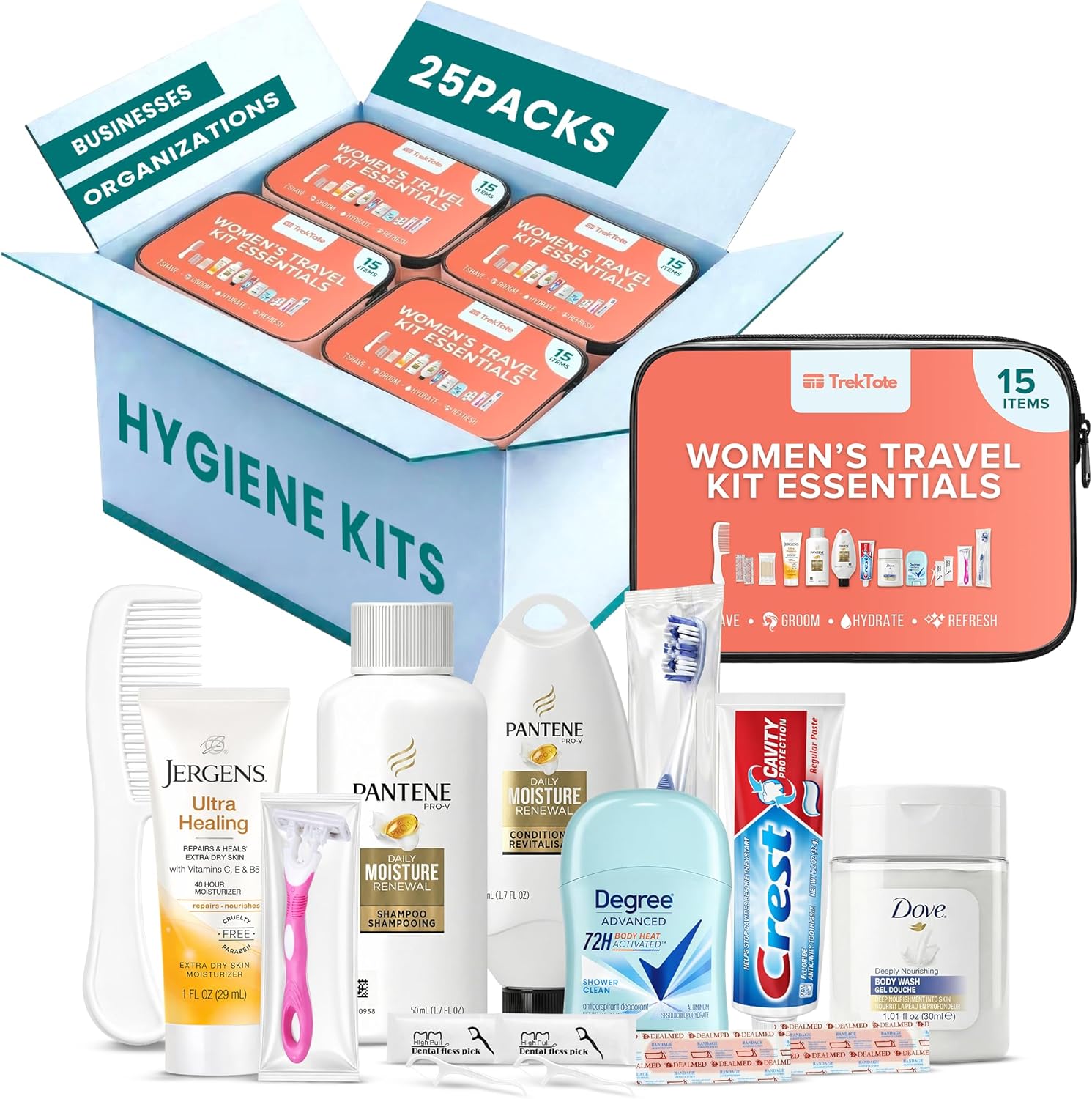 Bulk Women's Hygiene Kits 15 Piece Travel Toiletry Kit with Shampoo Conditioner Body Wash Lotion Deodorant Razor Toothbrush Toothpaste Comb Flossers Swabs Bandages Wipes