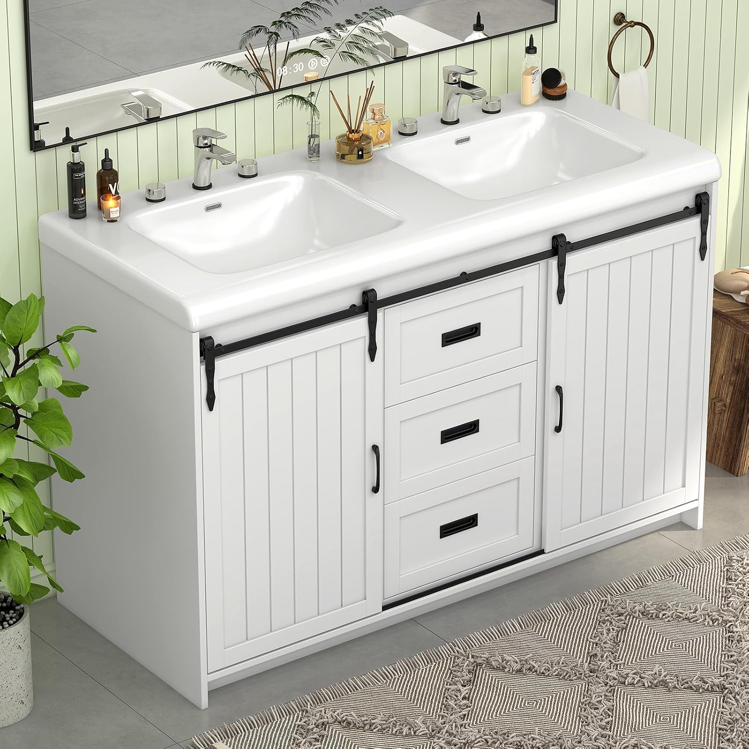 Bathroom Vanity with Double Sinks, 48' Standing Double Vanity with Drawers & Metal Handles, 2 Sink Bathroom Vanity with 4 Shelves, White