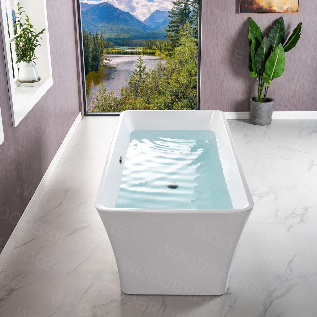 WOODBRIDGE 67' Acrylic Freestanding Bathtub Contemporary Soaking White Tub with Brushed Nickel Overflow and Drain，BTS1609-B/N-Drain&O