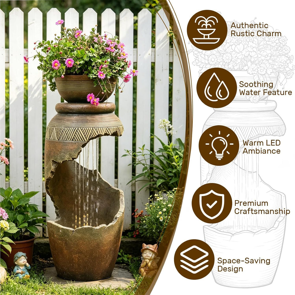 Sunlinua Outdoor Water Fountain with LED Light, Modern Spiral Tiered Outdoor Fountain with Stone Planter Curved Freestanding Waterfall Fountains for Garden Patio Deck Porch