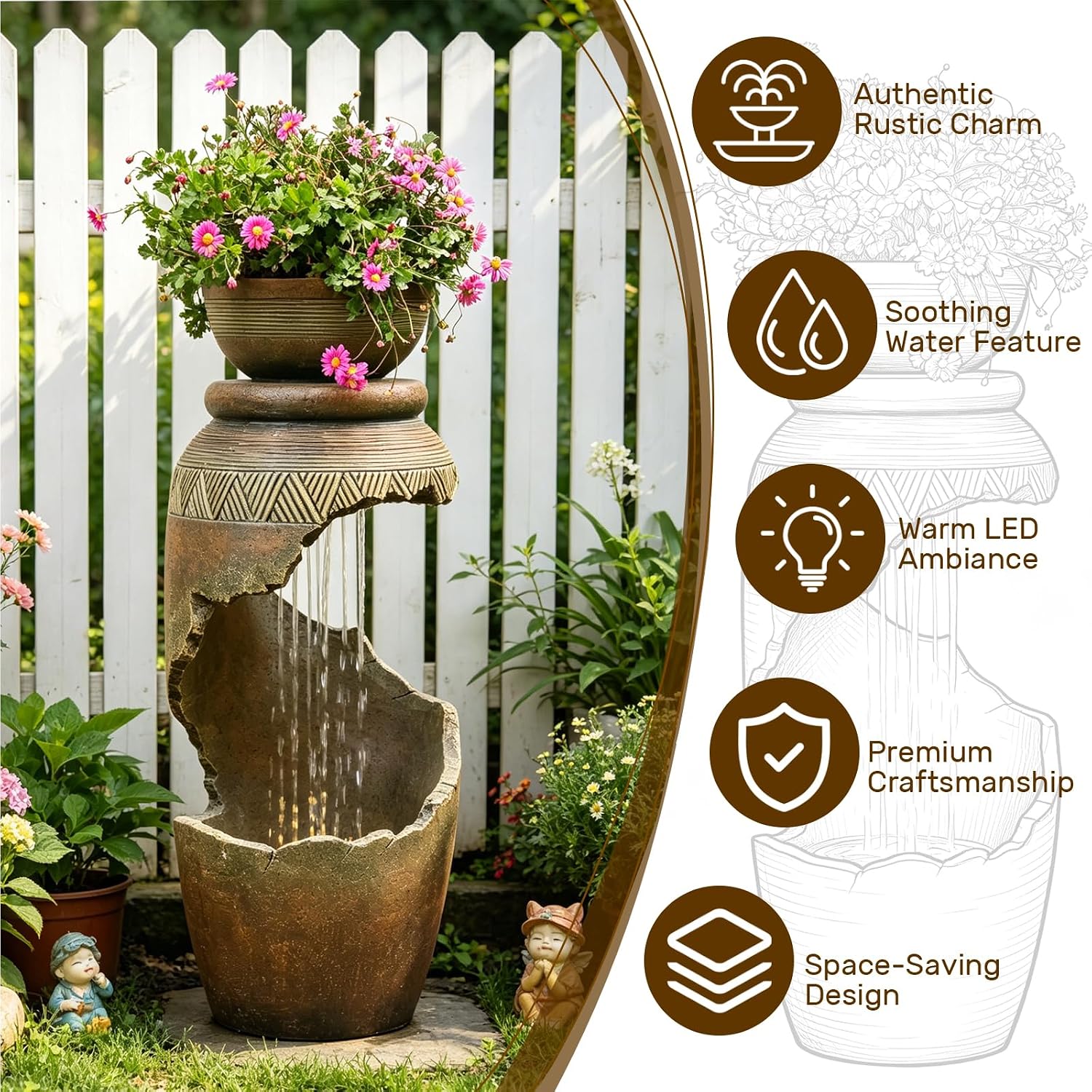 Sunlinua Outdoor Water Fountain with LED Light, Modern Spiral Tiered Outdoor Fountain with Stone Planter Curved Freestanding Waterfall Fountains for Garden Patio Deck Porch