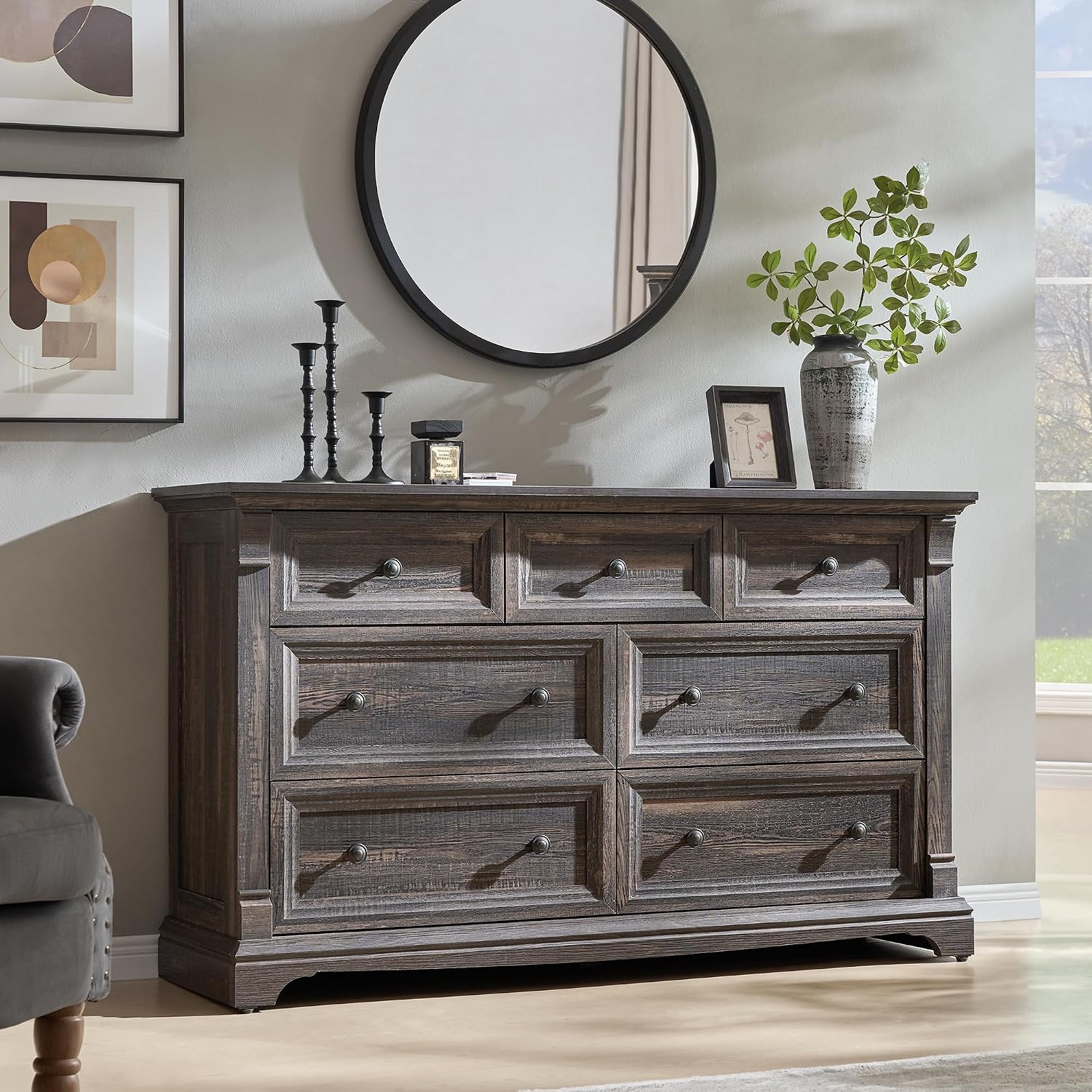 T4TREAM Farmhouse 7 Drawers Dresser for Bedroom, 54' Wide Wood Rustic Chest of Drawers w/Roman Column, Wooden Storage Dressers Organizer for Bedroom, Living Room, Closet, Dark Rustic Oak