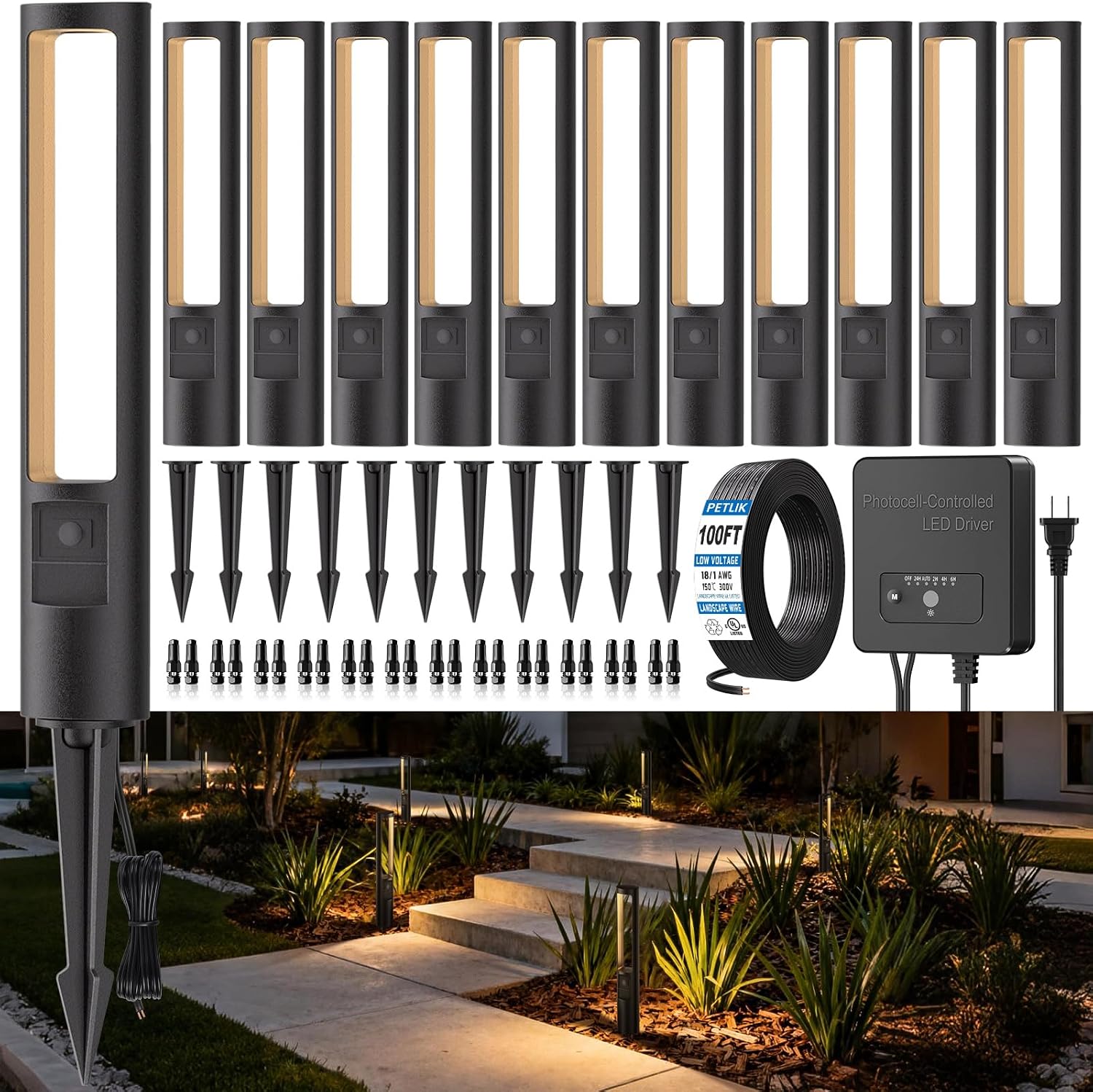 All-in-One Low Voltage Landscape Lighting Kit, 12-Pack Pathway Lights with Transformer Dusk to Dawn Outdoor Lighting 5CCT, IP66 Waterproof Landscape Lights with Connectors for Patio