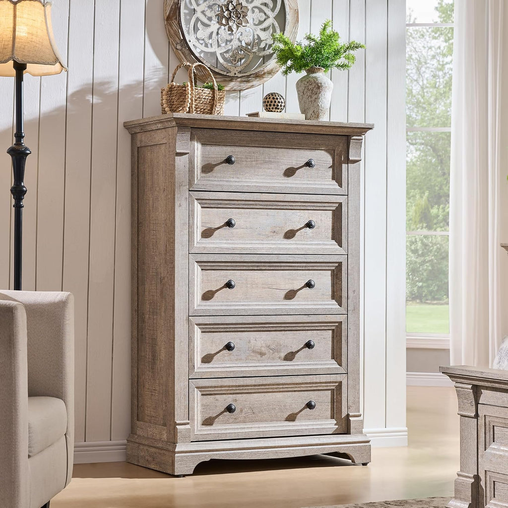 T4TREAM Farmhouse 5 Drawers Dresser for Bedroom, 47' Tall Wood Rustic Chest of Drawers, Vintage Design with Metal Handle, Light Rustic Oak