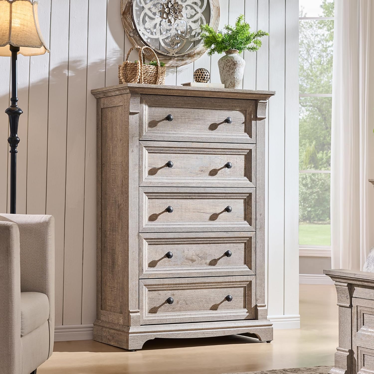 T4TREAM Farmhouse 5 Drawers Dresser for Bedroom, 47' Tall Wood Rustic Chest of Drawers, Vintage Design with Metal Handle, Light Rustic Oak