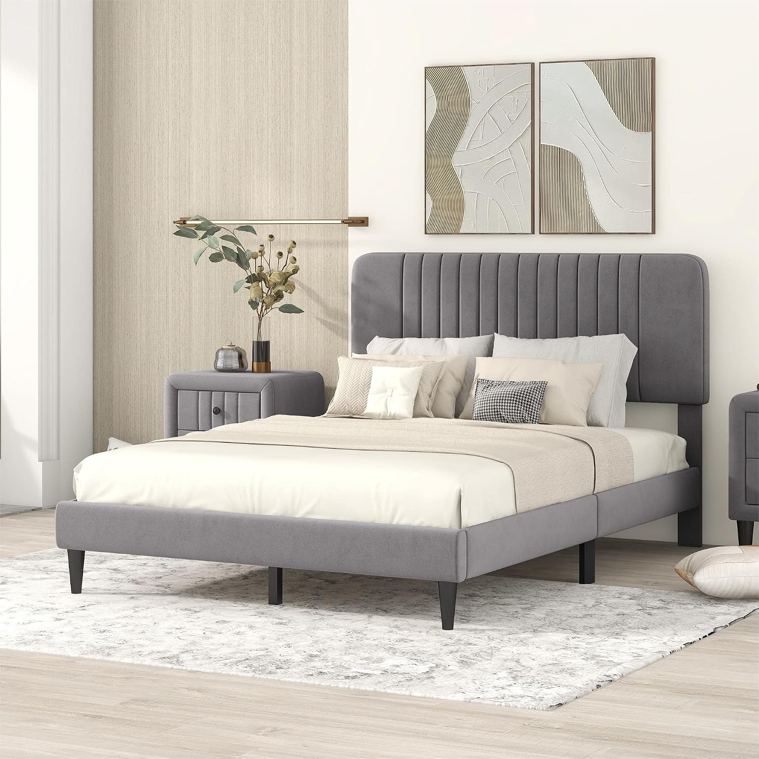 KLMM Elegant Full Size Upholstered Platform Bed,No Box Spring Needed, Velvet Fabric, Suitable for Bedroom Use, Easy to Assemble (Gray#K^)