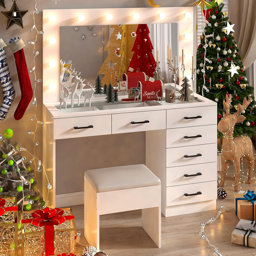 VINGLI Makeup Table with Large Mirror and 12 LED Light Bulbs, Vanity Desk Set with Padded Stool & 7 Drawers, Dressing Table with Glass Top & Charging Station for Dressing Room Bedroom, White