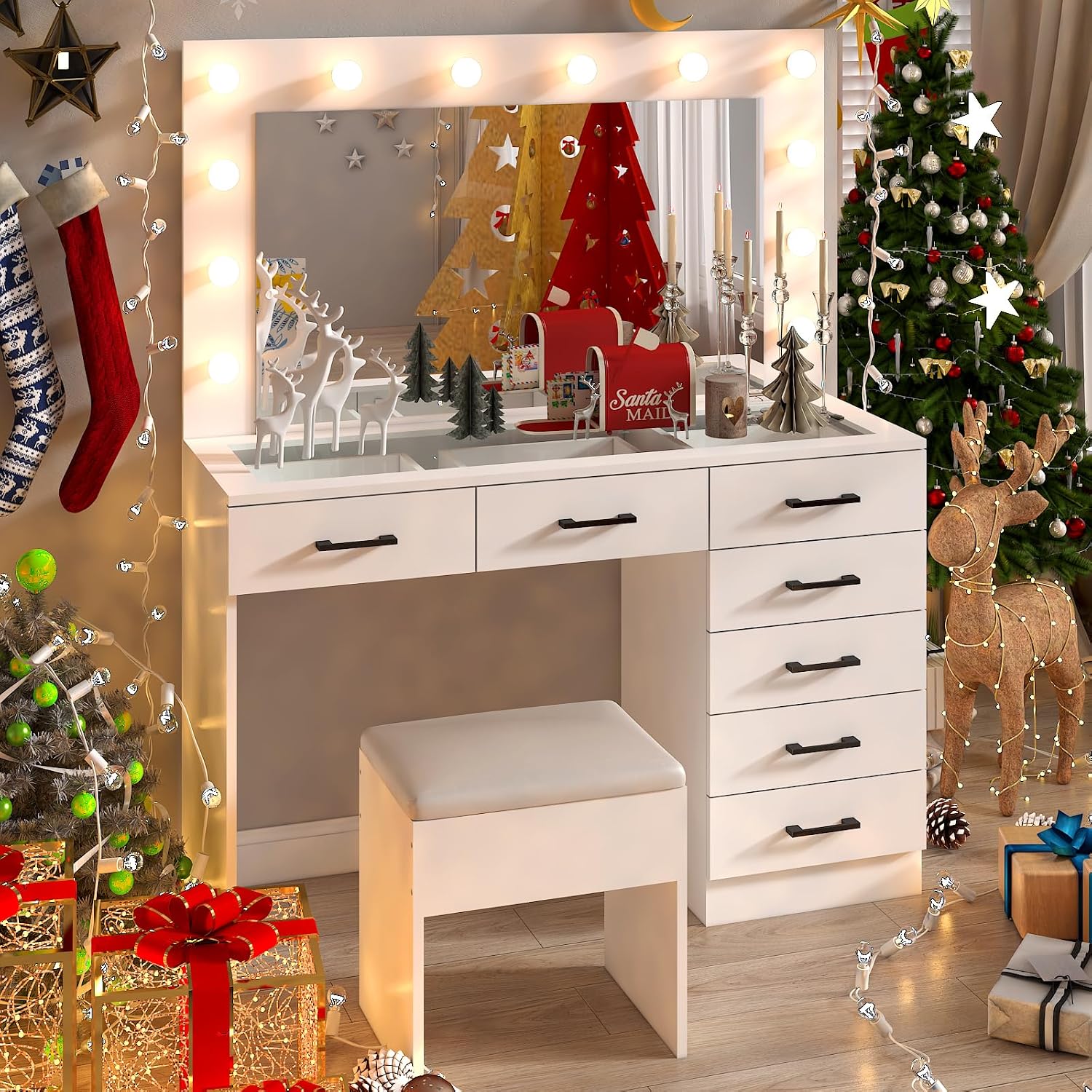 VINGLI Makeup Table with Large Mirror and 12 LED Light Bulbs, Vanity Desk Set with Padded Stool & 7 Drawers, Dressing Table with Glass Top & Charging Station for Dressing Room Bedroom, White