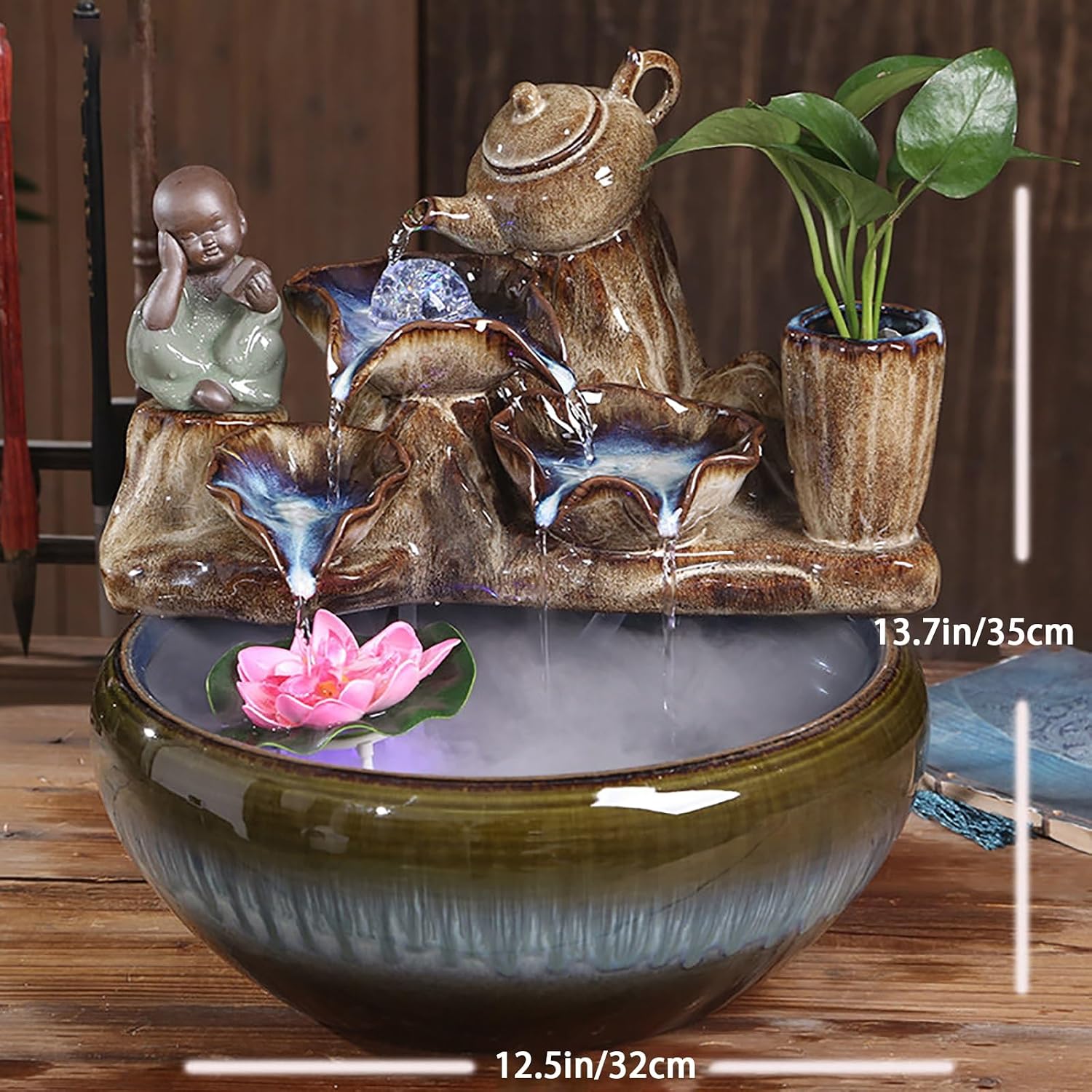 Tabletop Water Fountain, Feng Shui Mist Waterfall with Fish Tank, Ceramic Zen Bonsai Decor, Relaxing Desktop for Office Living Room(C)