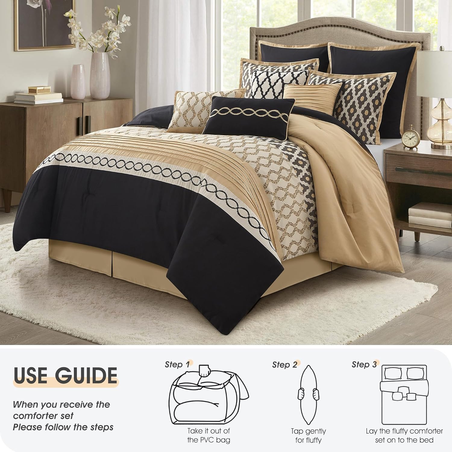 LANCO MODERN LIFESTYLE California King Comforter Set, Black Gold, 10 Piece Bed in a Bag for All Seasons, Luxury Extreme Comfort Bedding Sets with Bedskirt, Pillow Shams, Euro Shams and Decor Pillows