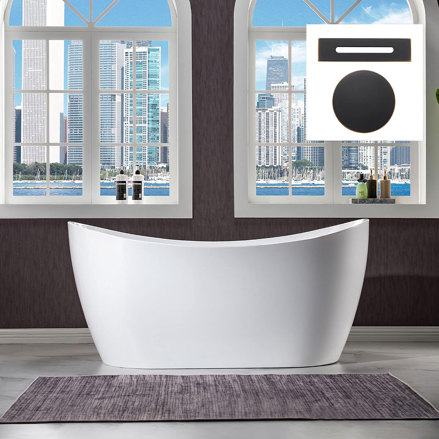 WOODBRIDGE 59' Acrylic Freestanding Bathtub Contemporary Soaking White Tub with Oil Rubbed Bronze Overflow and Drain,B0016-ORB