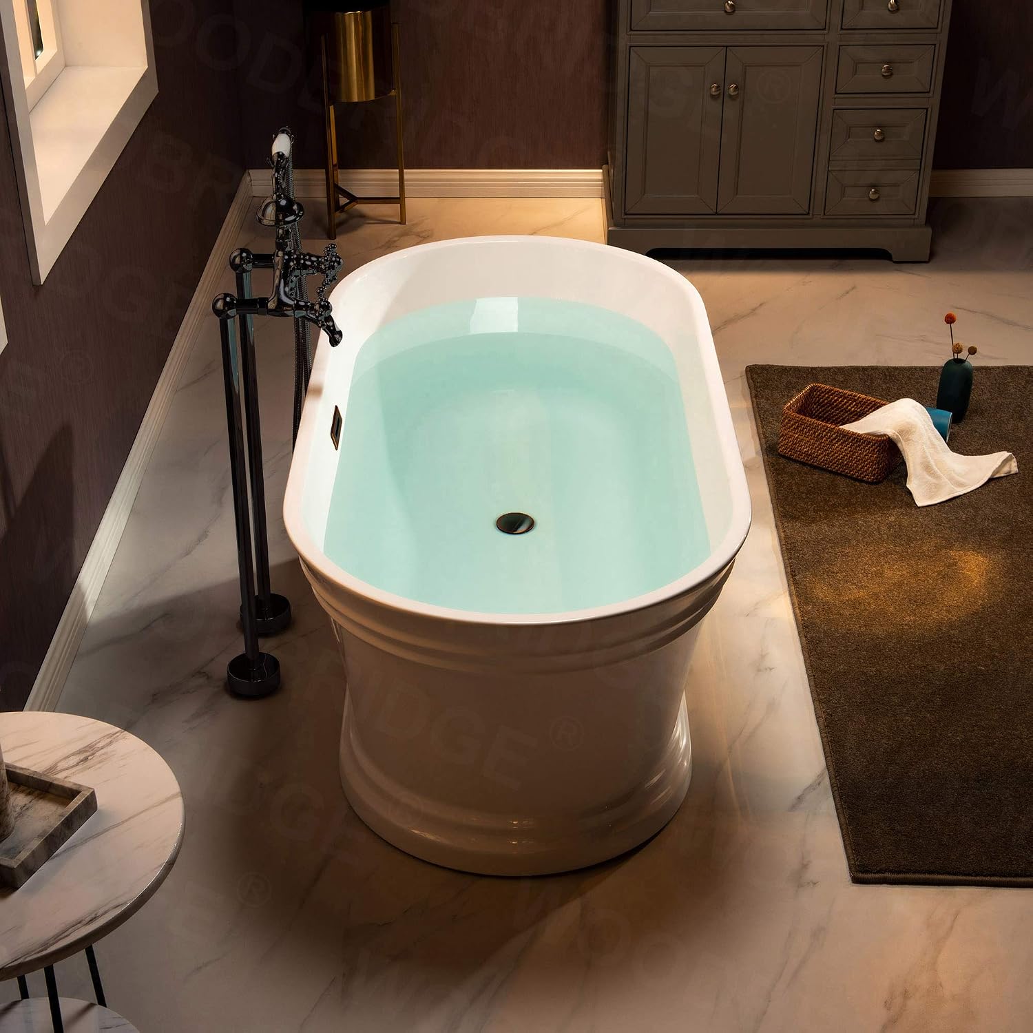 WOODBRIDGE 59'Freestanding White Acylic Soaking Bathtub with White Pillow,Drain and Overflow inORB,BTA1536 -ORB-Drain &O+ Pillow