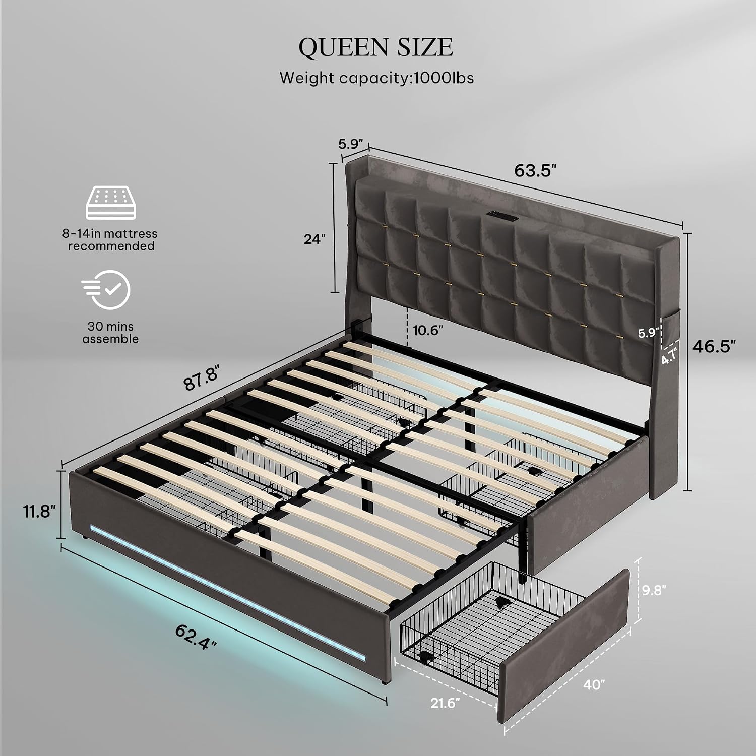 YITAHOME Queen Size Bed Frame with 4 Drawers and RGB LED Lights, Velvet Upholstered Platform Bed with Charging Station and Storage Headboard, No Box Spring Needed, Easy Assembly, Noise-Free, Grey