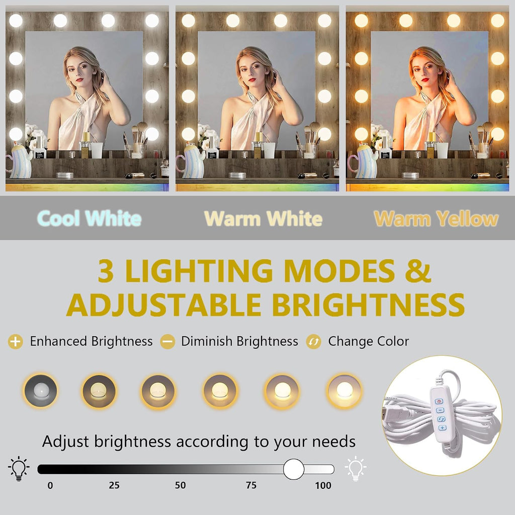 Vanity Desk with Mirror and Lights, 43'' Makeup Dressing Table Set with 5 Drawers & Power Outlet, 3 Lighting Modes Brightness Adjustable, Vanity with RGB Ambient Light for Women Girls Bedroom, Grey