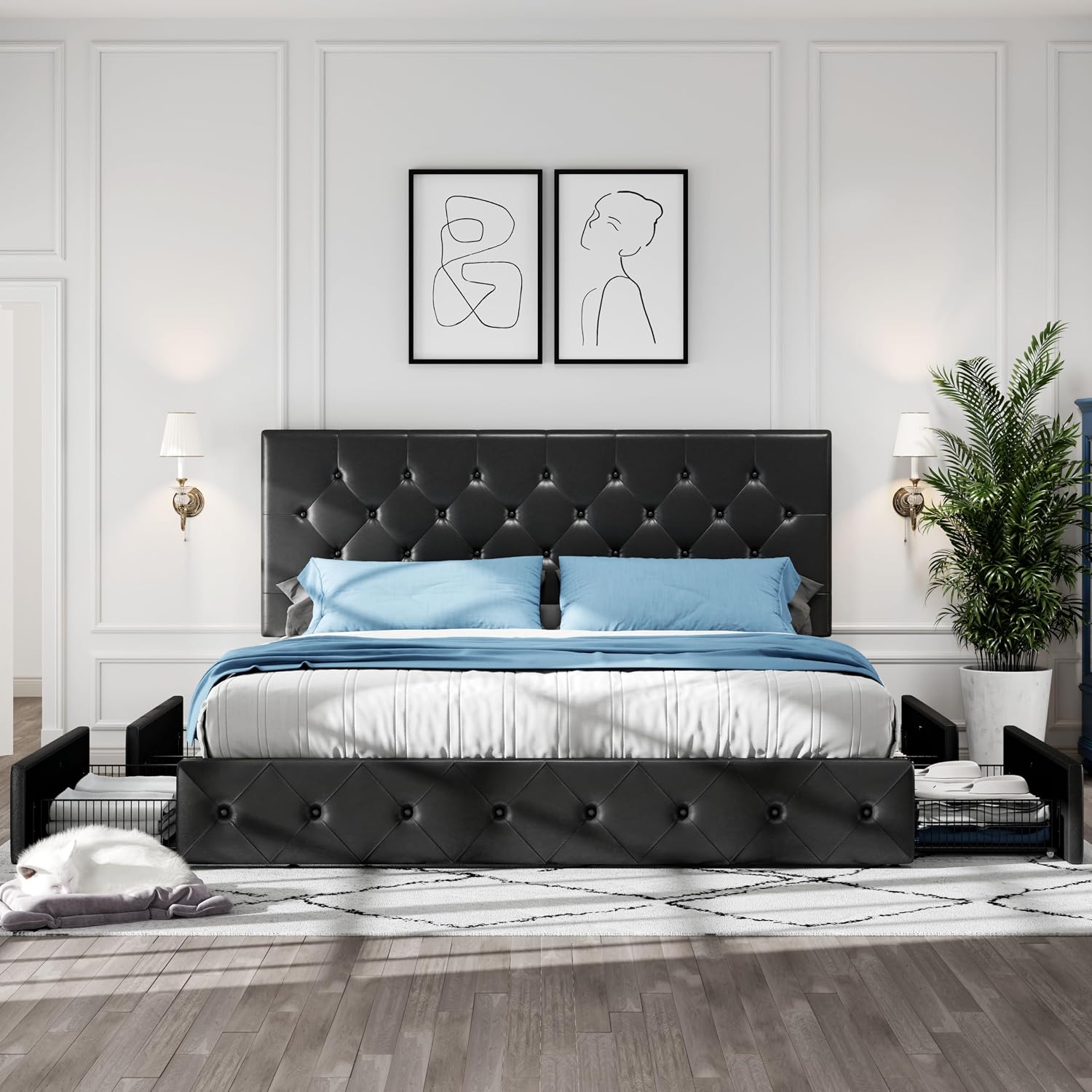HOOMIC King Platform Storage Bed Frame with 4 Drawers & Adjustable Headboard, Wooden Slats, No Box Spring Needed, Diamond Stitched Button Tufted Design, Black