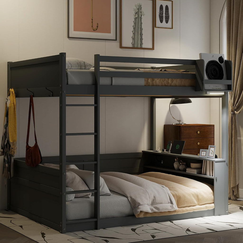 RUNNA Queen Size Wooden Bunk Bed with Built-in Shelves,Storage Box,LED Light and USB Charging Station,No Box Spring Needed (Grey/USB1)