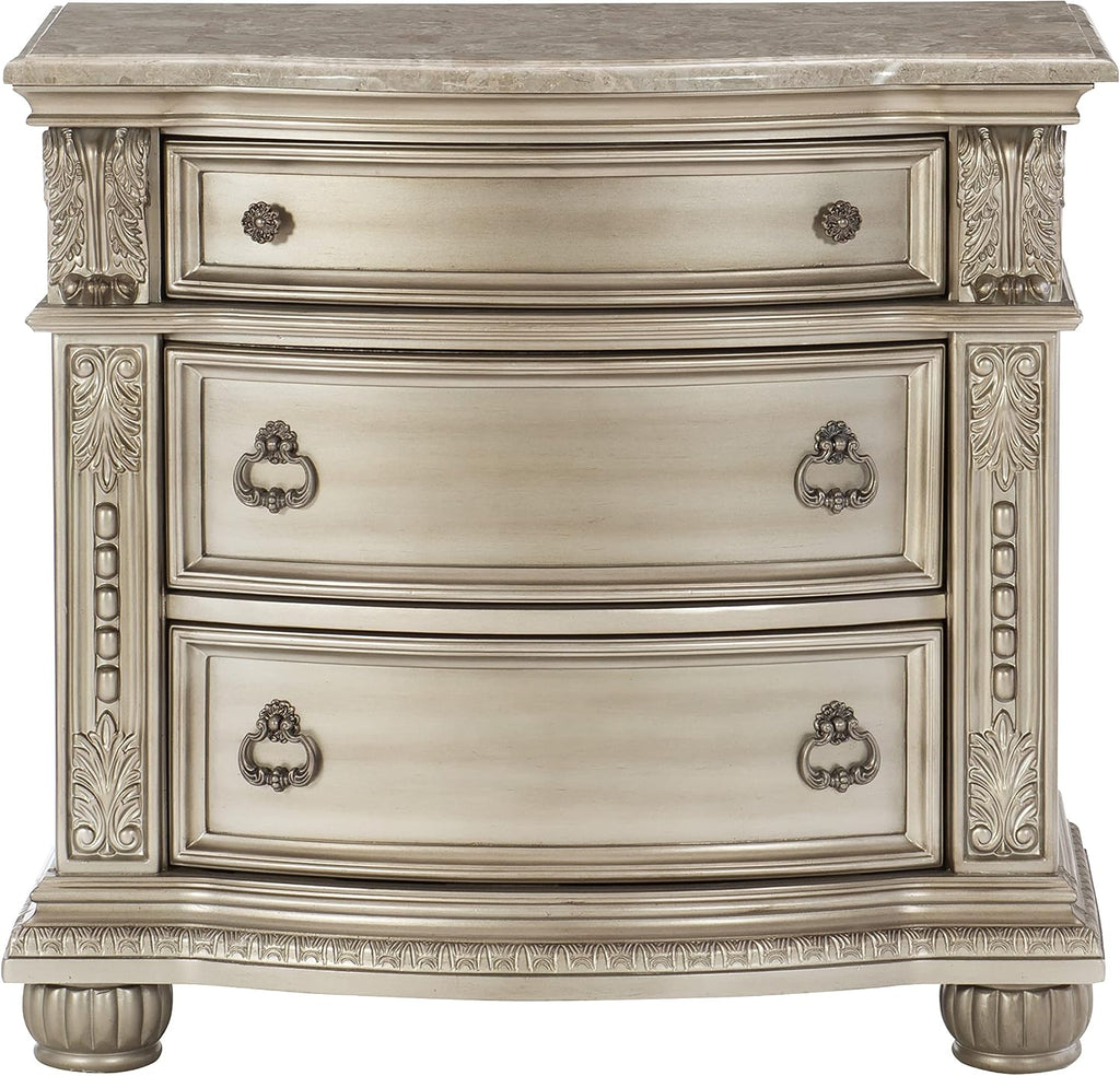 Traditional Classic 4 Pieces California King Size Set Silver Finish Faux Leather Upholstered Bed Classic Design Marble Top Formal Bedroom Furniture